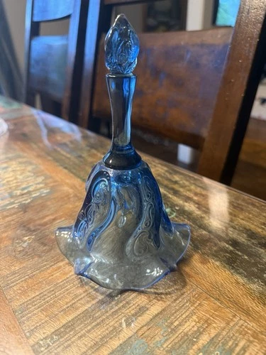 Fenton Art Glass Bell Paisley Swirl In Twilight Blue Ruffle