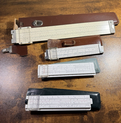 Lot of 4 Vintage Pocket Slide Rules with Cases, Mixed Colors