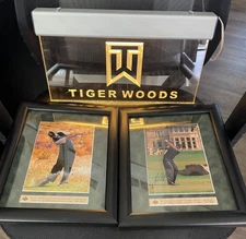 TIGER WOODS LIGHTED HANGING SIGN AND 2 SIGNED UPPER DECK PHOTOS 2004