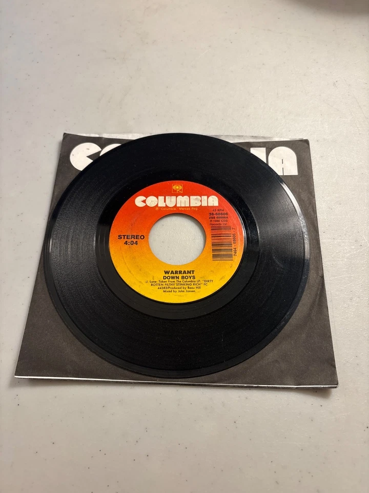 WARRANT COLD SWEAT / DOWN BOYS 7" SINGLE 45 RECORD ON COLUMBIA HEAVY METAL VG+ - Image 2 of 3