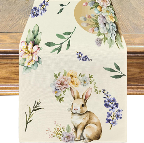 Table Runner Easter Decorations Bunny Watercolor Easter Eggs Flower- Easter Tabl