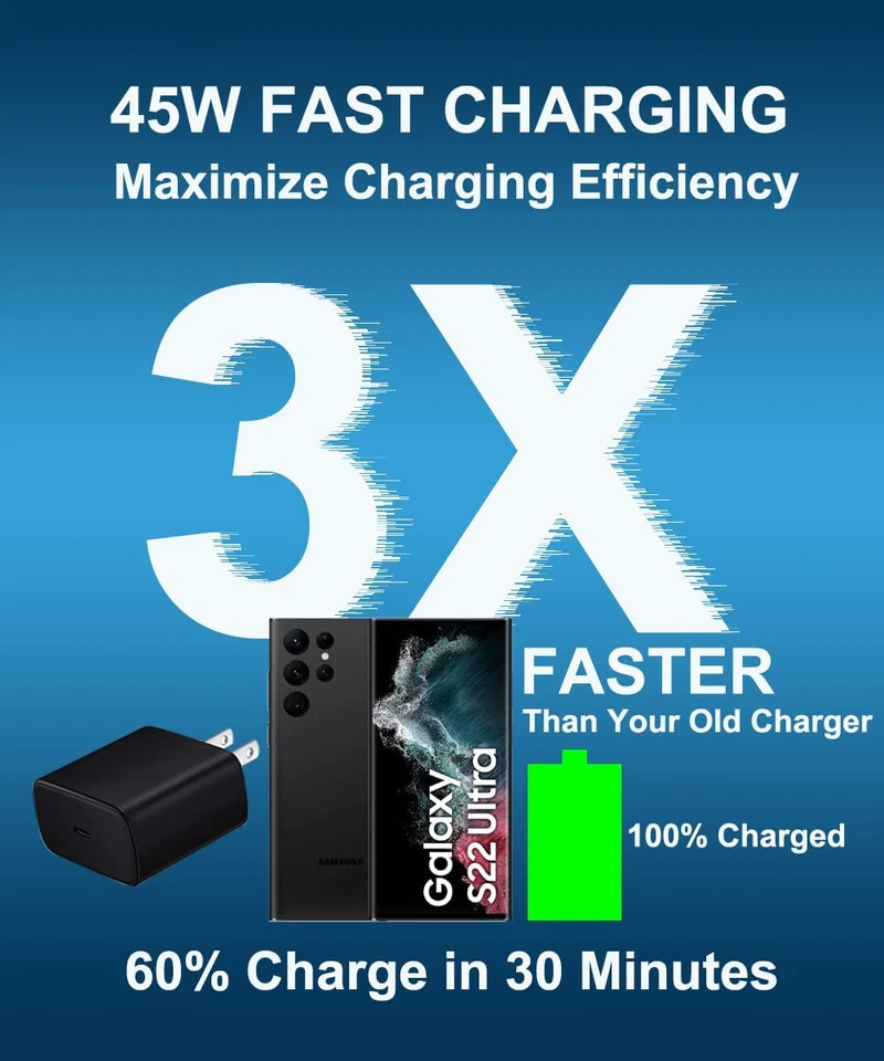 45W PD Super Fast Wall Charger USB-C Type C Cable For Samsung Galaxy S22 Android - Image 2 of 4