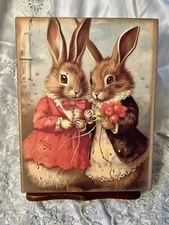 Bunny Rabbit Sweethearts #2 Handcrafted  Artist Canvas Flat Board Sign