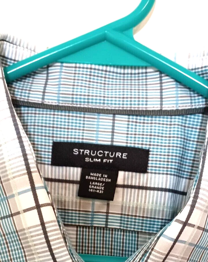 Structure Shirt Men's Large Long Sleeve Button Up 100% Cotton Checkered Slim Fit - Image 2 of 3