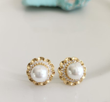 White Seashell Pearl 8mm Halo Flower Stud Earrings 925 Silver 14k Gold Plated