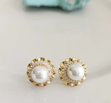 White Seashell Pearl 8mm Halo Flower Stud Earrings 925 Silver 14k Gold Plated
