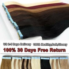 Tape in Real Human Hair Extensions Invisible Skin Wefts Full Head Thick Hair US