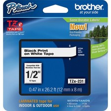 Brother TZe-231 1/2" Black on White P-Touch Laminated Label Tape, Genuine