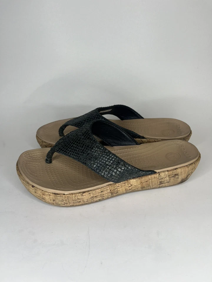 Crocs Sandals Flip Flops Women Size 9 Black Leather Upper - Image 3 of 4