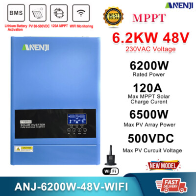 6200W Hybrid MPPT Solar Inverter Off Grid 120A 230V 48V 500VDC Pure Sine Wave 