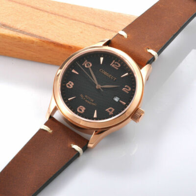 42mm Rose gold Case Sapphire Glass Black Dial Leather Date Automatic Men's Watch