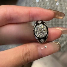 Vintage Enamel Flower Ring Black Zircon Geometric Band Women Jewelry Gift