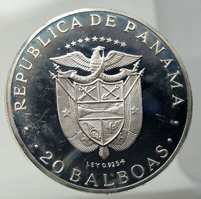 1973 PANAMA Huge 6.2cm Proof Silver 3.8oz 20 Balboas Coin w SIMON