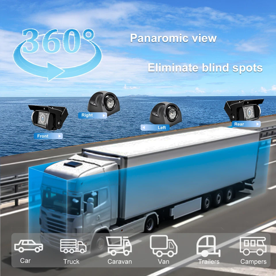 HD 9" DVR Quad Monitor 4ch Side Rear View Loop Recording CCD Camera For Truck - Image 4 of 4