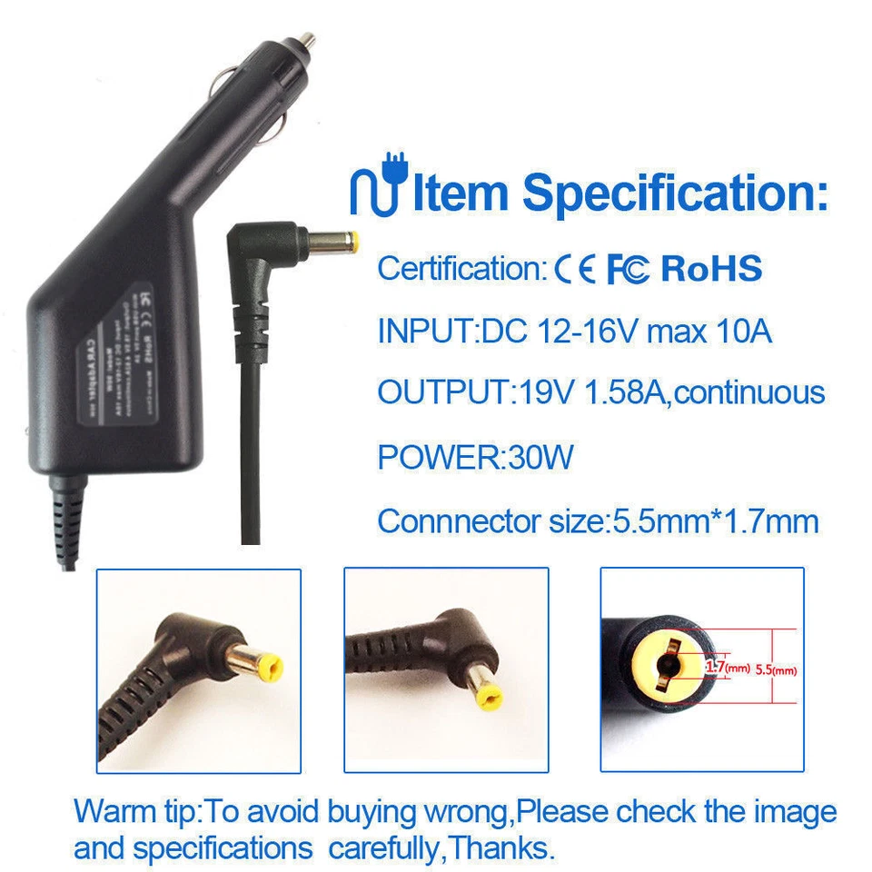 Laptop DC Adapter Car Charger & USB for Acer Aspire One D250-1190 D250-1227 - Image 2 of 4