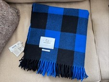NWT Woolrich Blue Buffalo Check Plaid Wool Blanket Fringe Throw Made In Italy