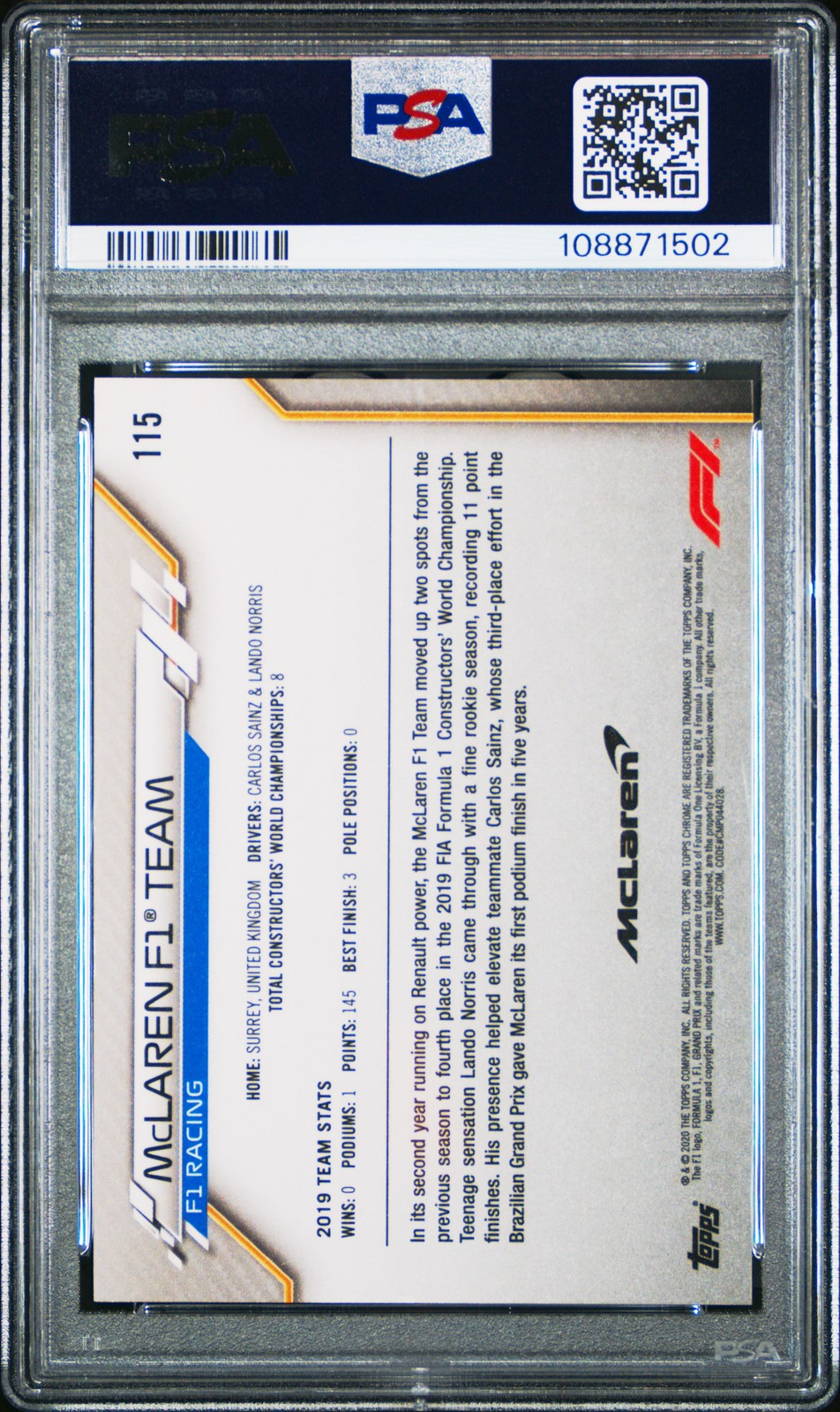 2020 TOPPS CHROME FORMULA 1 70TH ANNIVERSARY-GOLD #115 MCLAREN F1 TEAM PSA 8 view 2