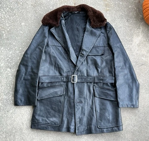 Vintage Leather Belted Barnstormer Coat Aviation Old War Jacket Removable Collar video thumbnail