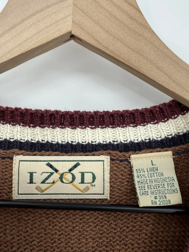 Colete Suéter Masculino Vintage Izod Grande Marrom Golfe Linho Algodão Malha Preppy - Imagem 3 de 4