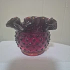 Vintage Fenton Dark Amberina Ruby Red Hobnail Ruffled Vase 3 Inch tall