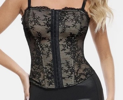 Popilush Corset Top Shapewear Sculpting Lace Bodysuit Black/Skin Size Large