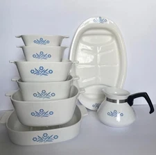8pc set Corning Ware Blue Cornflower casseroles petite pan meat platter tea pot