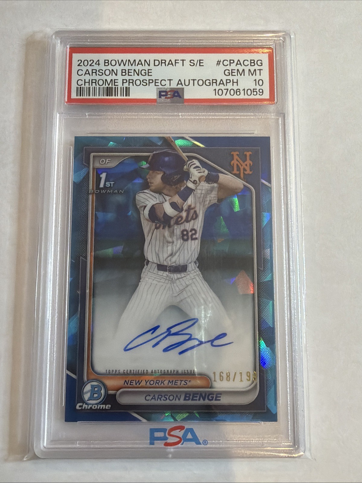 2024 1st Bowman Draft Chrome Sapphire Ref Carson Benge Auto 168/199 RC SP PSA 10