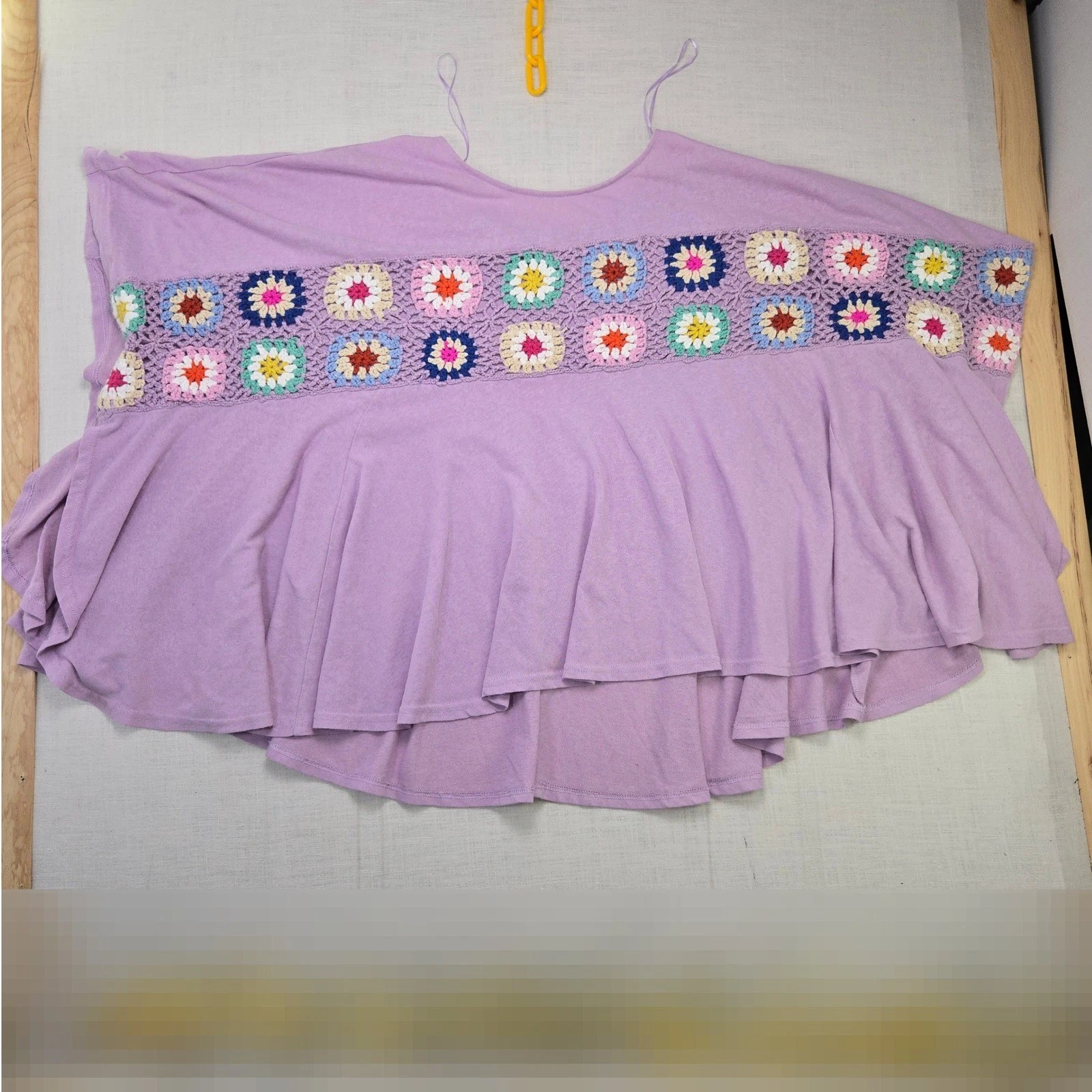 Crochet Knit Poncho Top 2X/3X Women Purple Ruffle Festival Top Boho Granny Squar