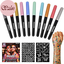 Temporary Tattoo Markers for Skin, 10 Metallic Body Markers with 70 Stencils, Wa
