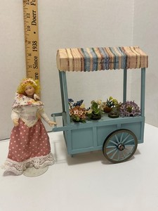1:12 scale miniature dollhouse doll and flower cart