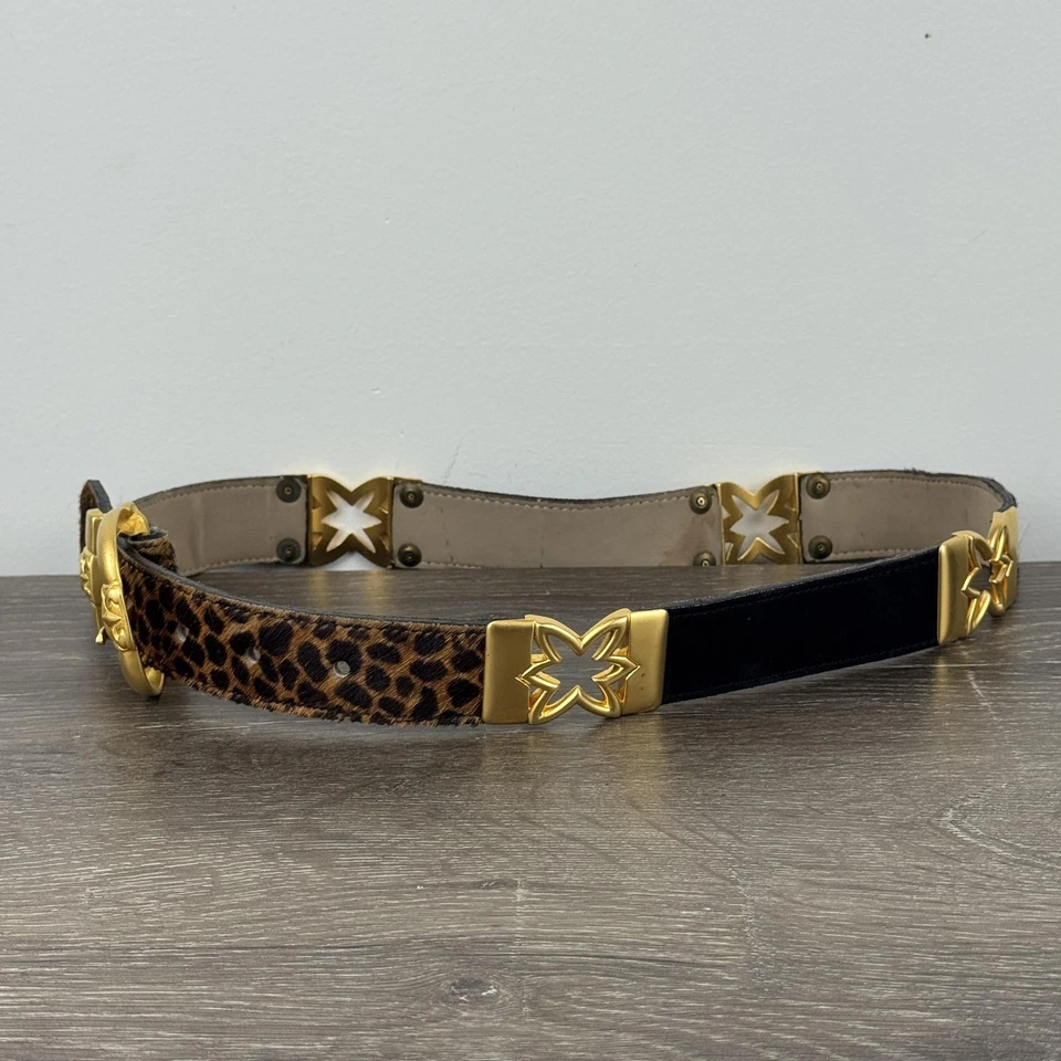 Steelworks Belt Womens Leopard Print Gold Tone Buckle Black Leather Concho - Image 2 of 4