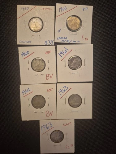 7 Rare Toned 1960-63 **80% Silver** High Quality Canadian Dime Coins