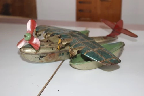 Antique Tin Litho Wind Up Toy Airplabe J. CHEIN CHINA CLIPPER Pontoon Seaplane