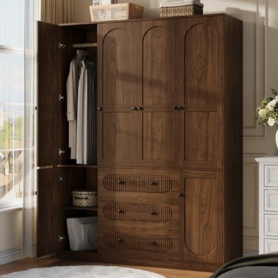 4-Door Wardrobe Closet with 3 Drawers & Adjustable Shelves, Freestanding Armoire