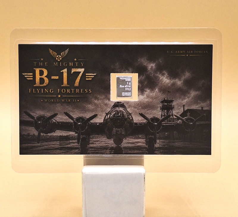 B-17 Flying Fortress Card w/ Genuine 1g Valcambi Suisse .999 Fine Silver Bar