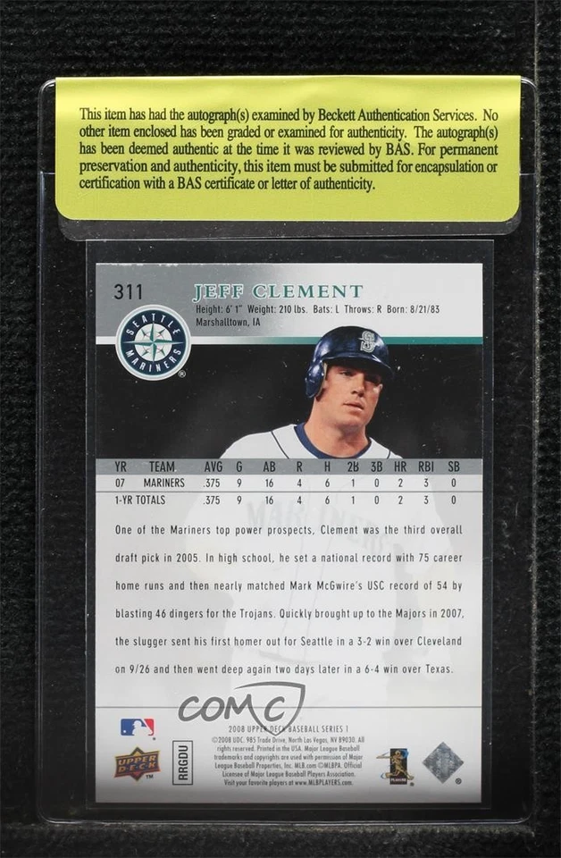 BAS 2008 Upper Deck Jeff Clement #311 Authentic Auto - Image 2 of 2