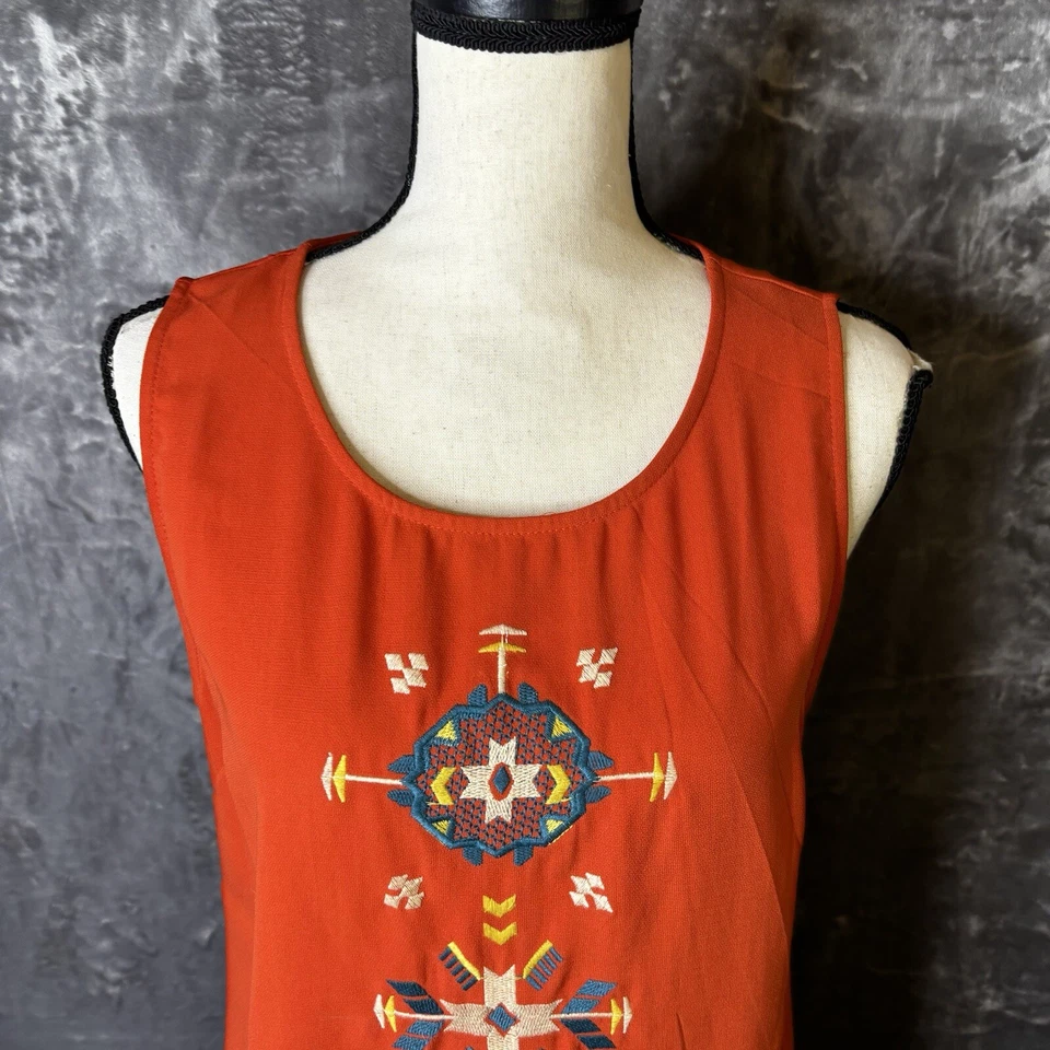 Ya Los Angeles Dress Large Orange Embroidered Tank Boho Beachy Zip Back - Image 4 of 4