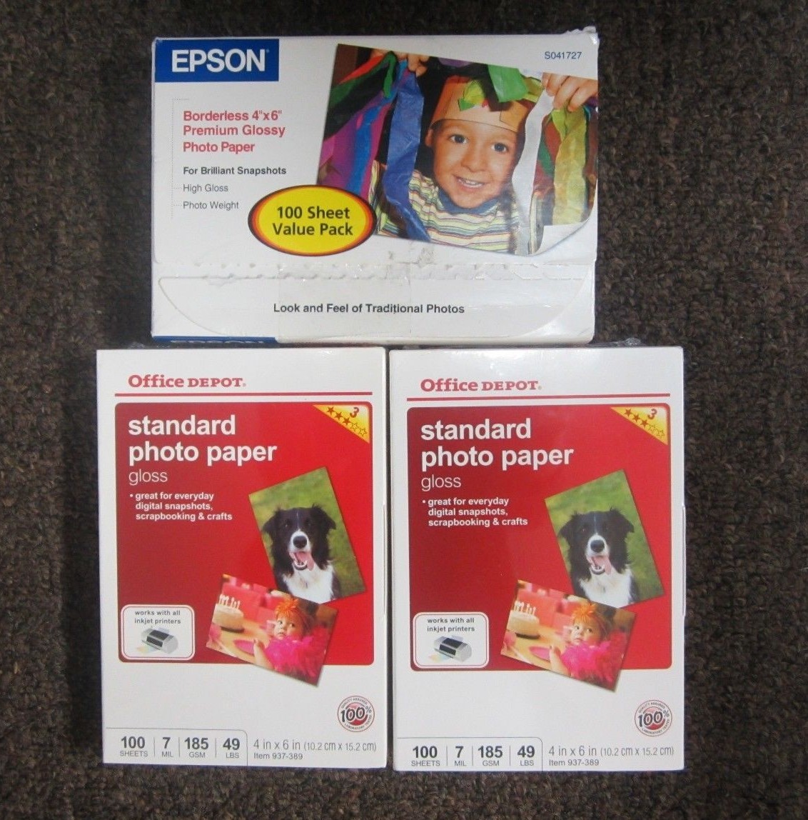 LOT OF 3 x New EPSON & Office DEPOT Photo Paper Inkjet 100 Sheets/ 4 x