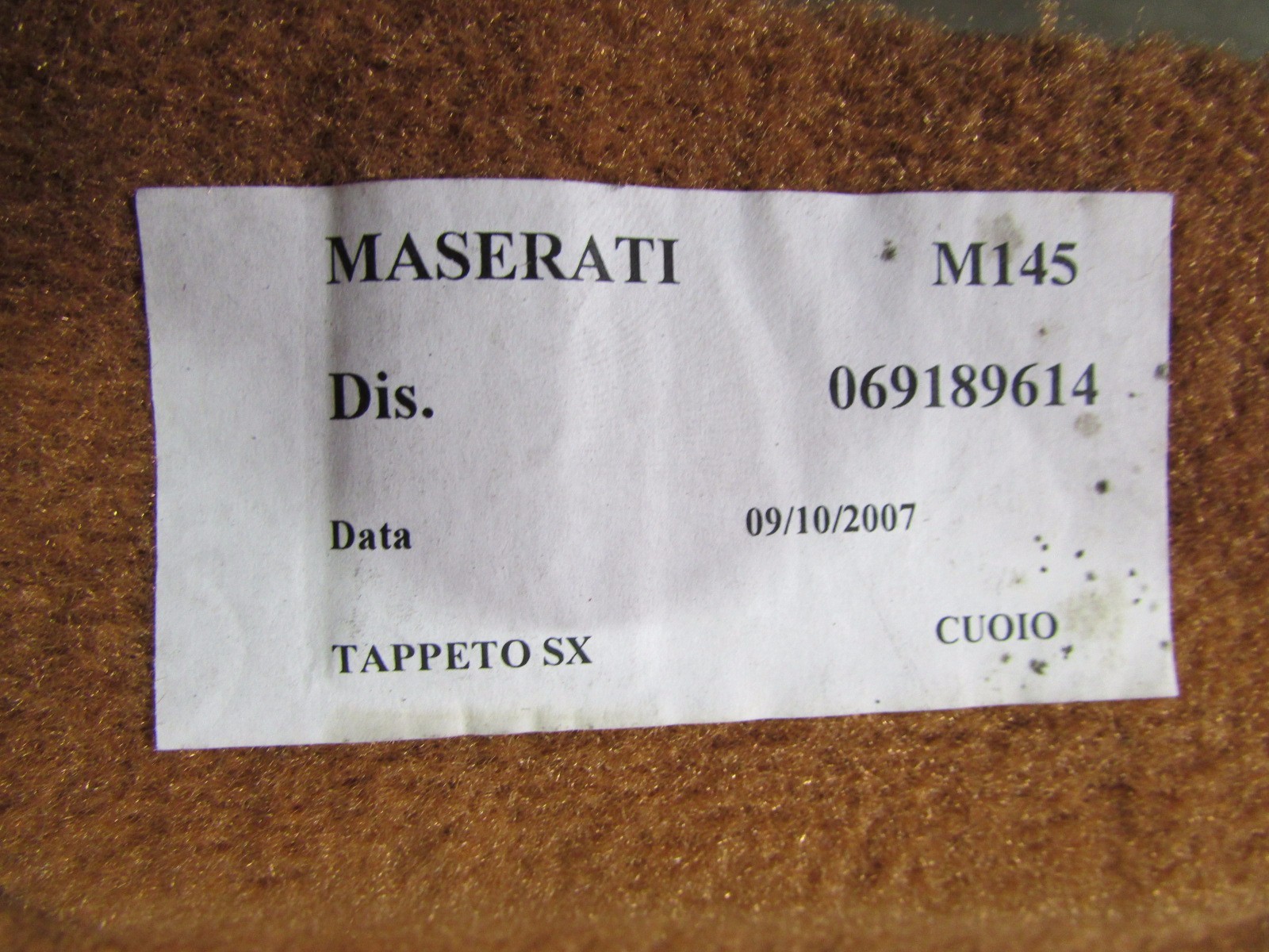 Maserati Granturismo, LH, Left Front Floor Carpet, Brown, Used, P/N 69189615
