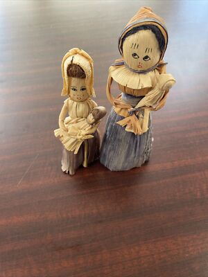 Vintage 2 Handmade Russian Cork Husk Dolls Mothers Holding Children