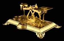 English Brass Postal Scales w/6 Weights Ornate Nouveau 'Warranted Accurate'