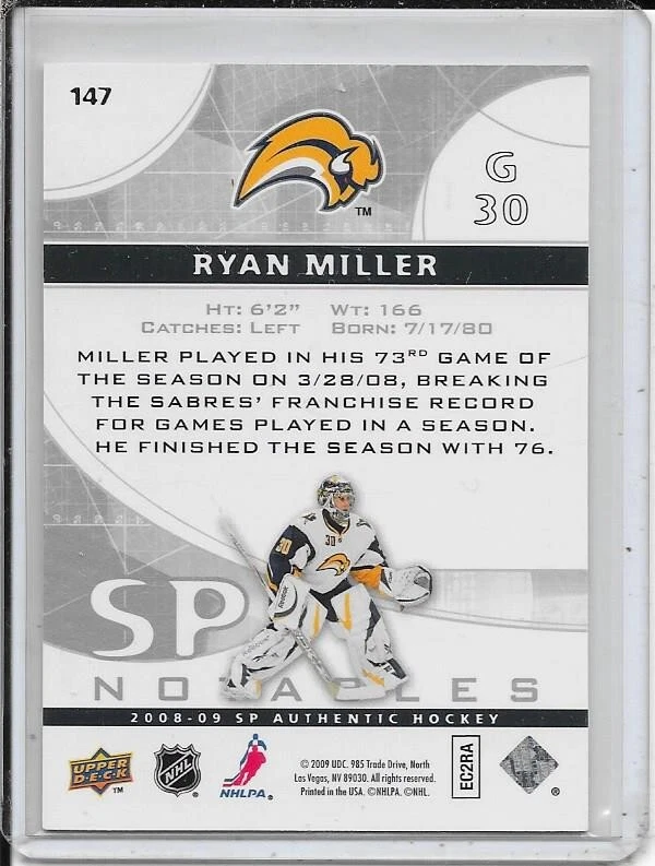 2008-09 SP Authentic Ryan Miller SP Notables # 147 #d/999 - Image 2 of 2