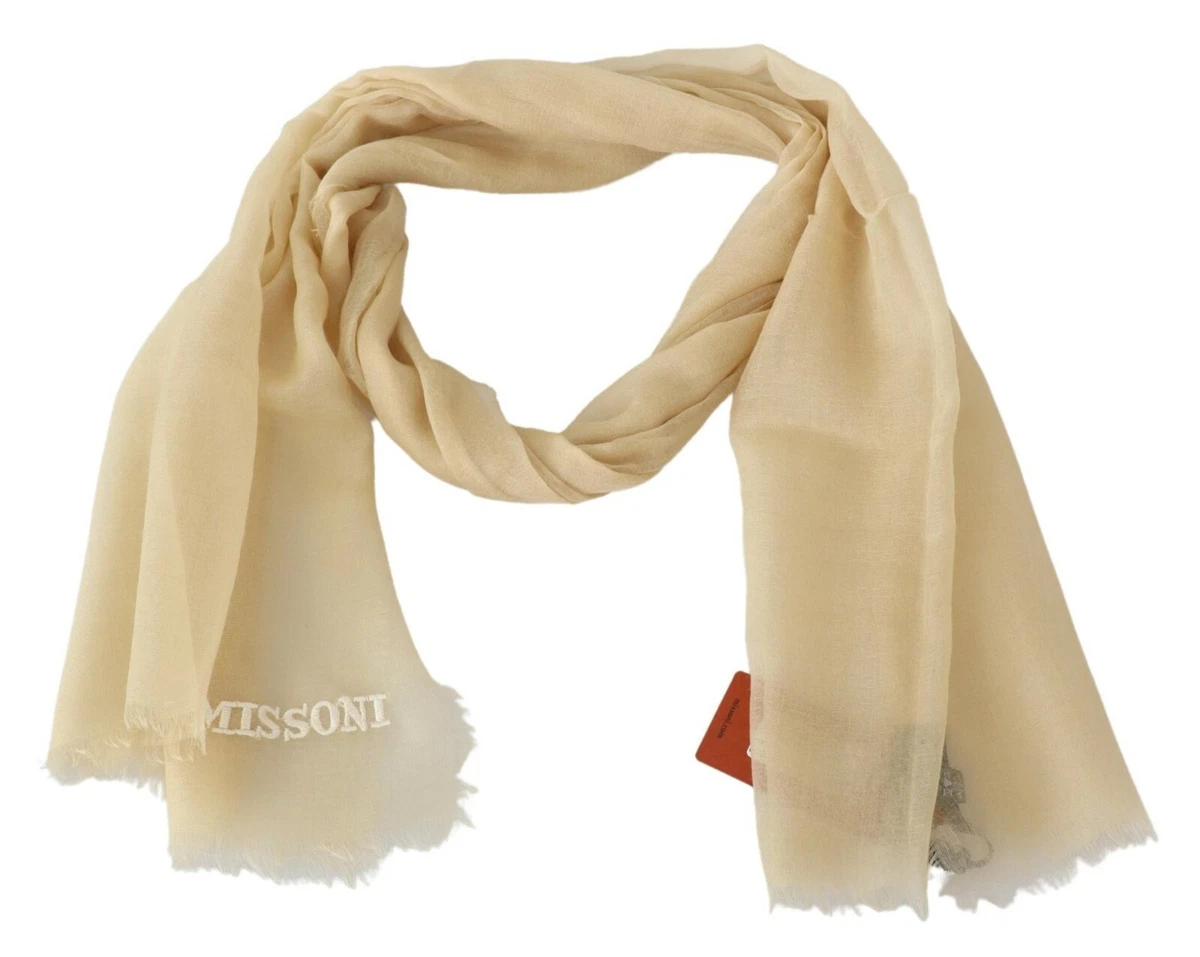 MISSONI Scarf Beige Cashmere Unisex Neck Wrap Fringes Logo 180cm x