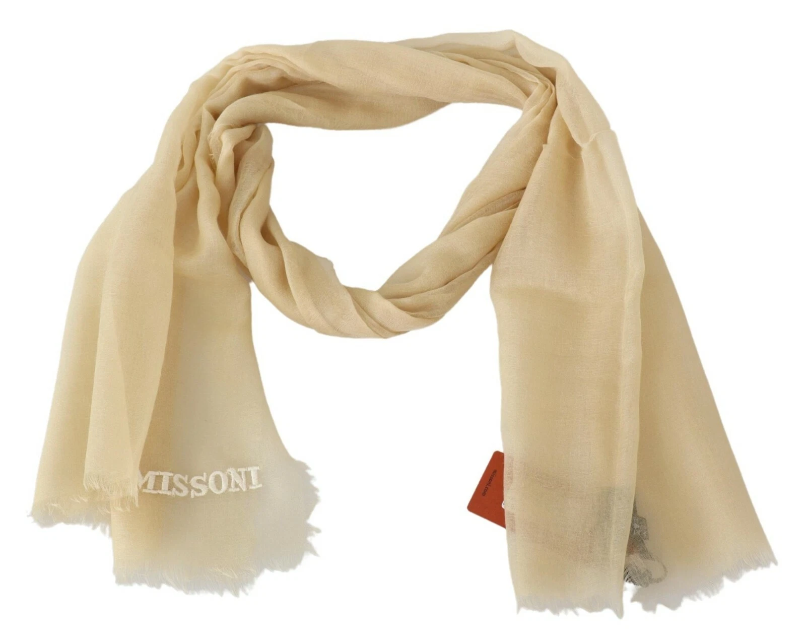MISSONI Scarf Beige Cashmere Unisex Neck Wrap Fringes Logo 180cm x 70cm RRP $500