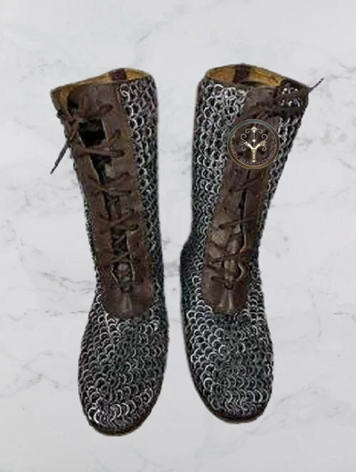Medieval Chainmail Leather Boot Flat Riveted Rings Reenactment LARP Cosplay Gear - Image 4 of 4