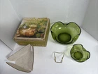 Vintage 3 Piece Chip Dip Anchor Hocking Accent Modern 1970 Avocado Green Glass