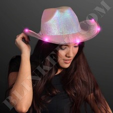 PINK Iridescent Light Up Cowgirl Hat with Flashing LED PINK Sparkly Brim - FUN