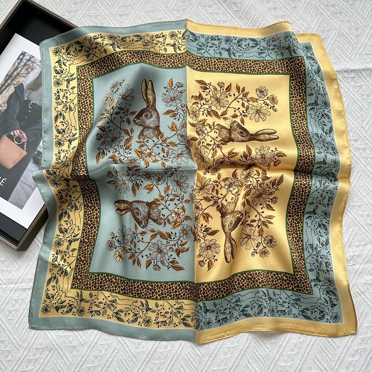 100% Silk Green Gold Rabbit Scarf Bandana Neck Hairband for Women 53cm