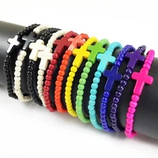 Cross Bracelet Handmade Beaded Howlite Turquoise Bead 7.5" 4mm 6mm 8mm Christian
