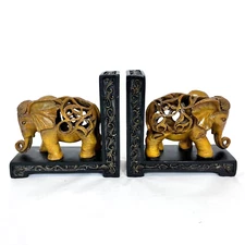 Pier 1 Primative Resin Carved Wood Look Elephant Bookends Heavy Brown Black Base
